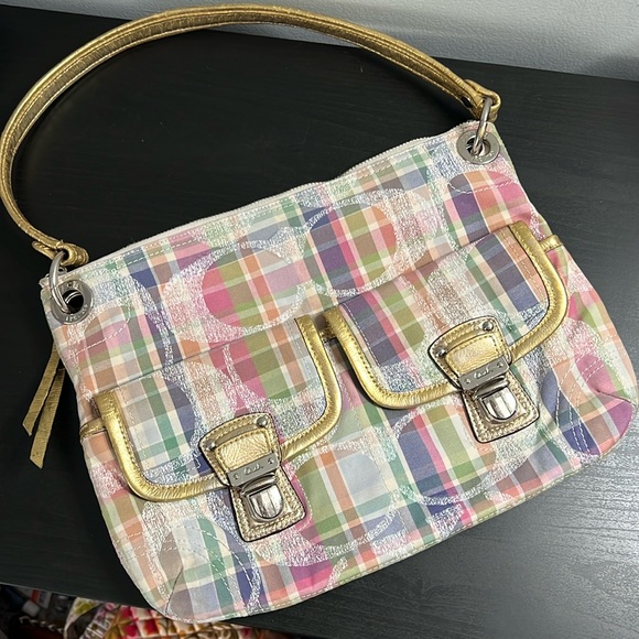 Coach Handbags - Coach Daisy Madras Pocket Hobo Shoulder Bag Purse Women's Metallic